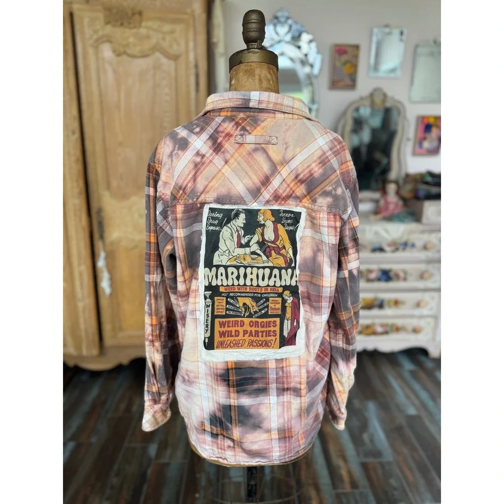 Vintage Marijuana Propaganda Flannel Bleach‎ Dye Upcycled Shirt Large
